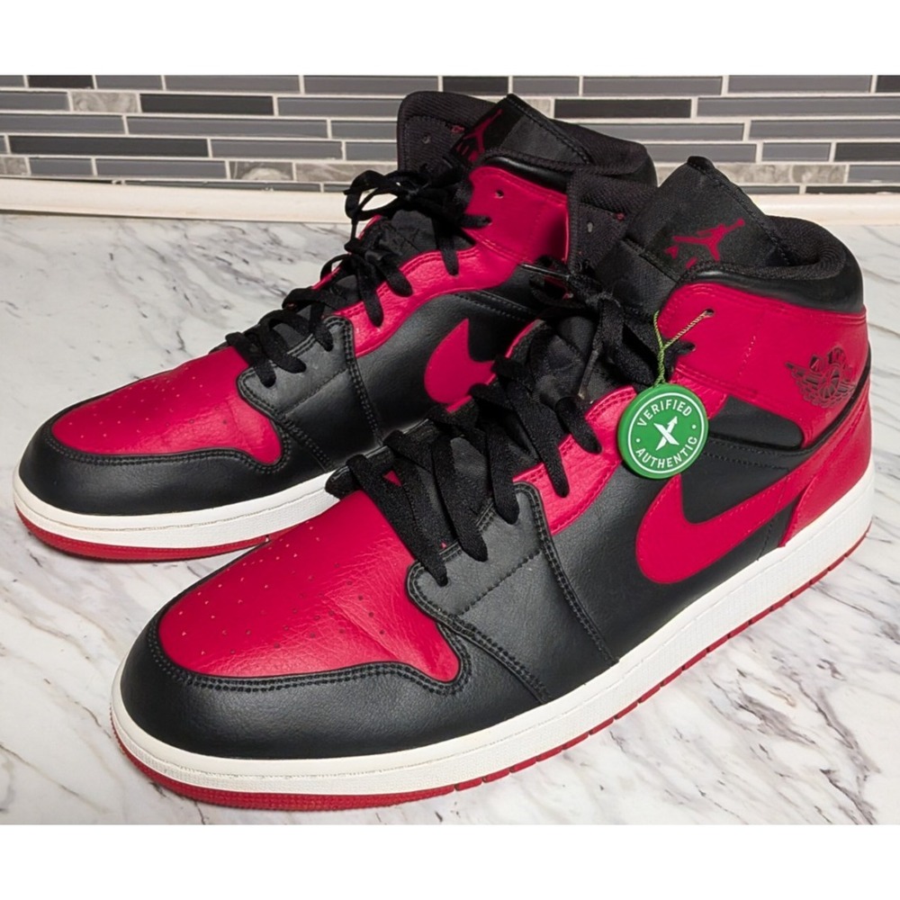 Nike Air Jordan 1 Mid Banned Red‎ Black & White Leather Shoes Men's Size 18